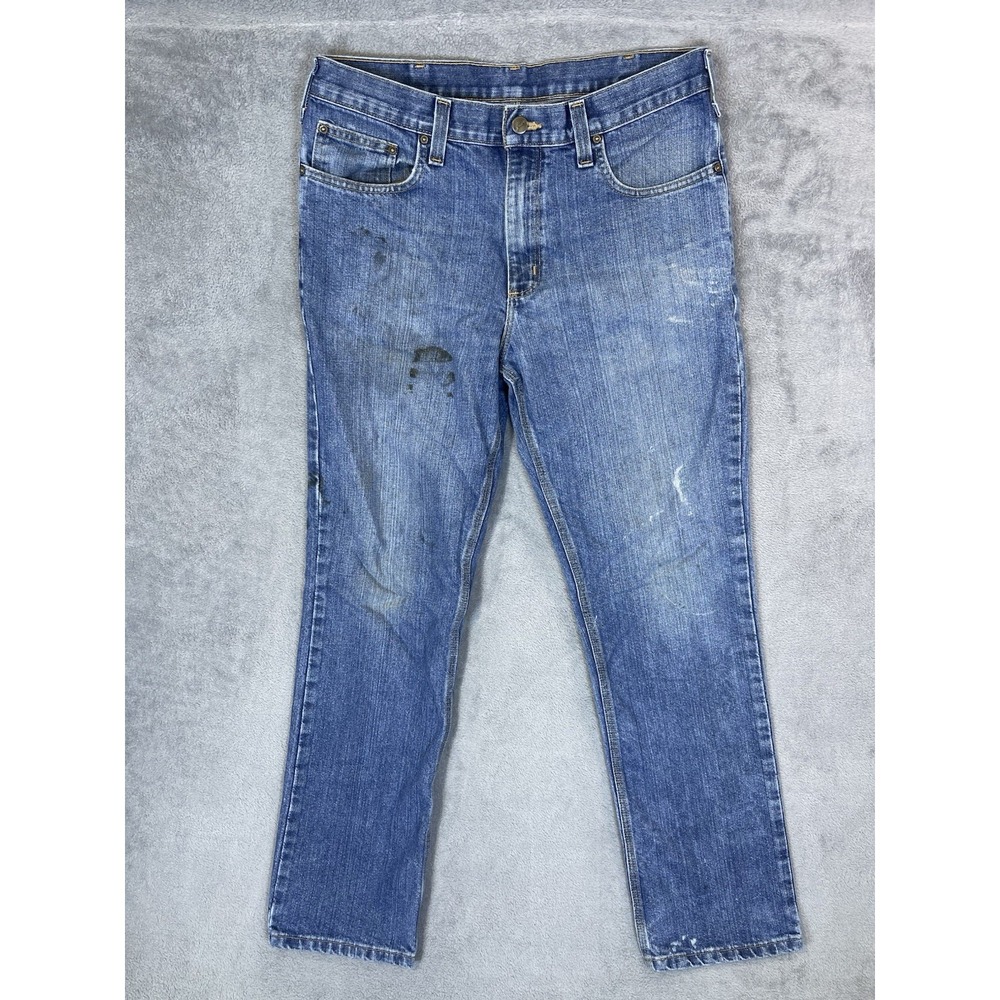 Carhartt Jeans Mens 34x32 Blue Medium Wash Traditional Straight Workwear Trashed